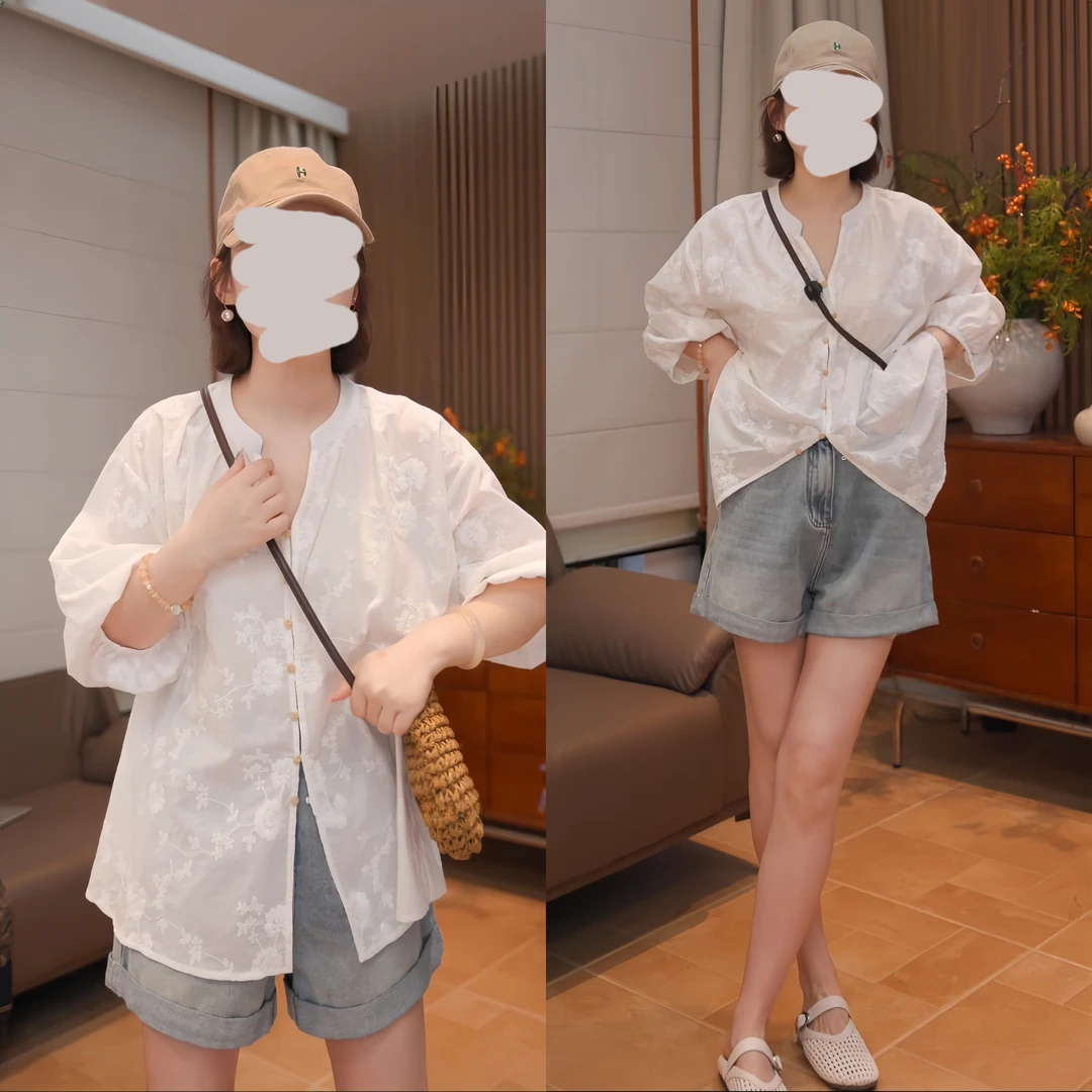 新品上新早春透气重工刺绣薄款V领衬衫长袖上衣夏季短款衬衣