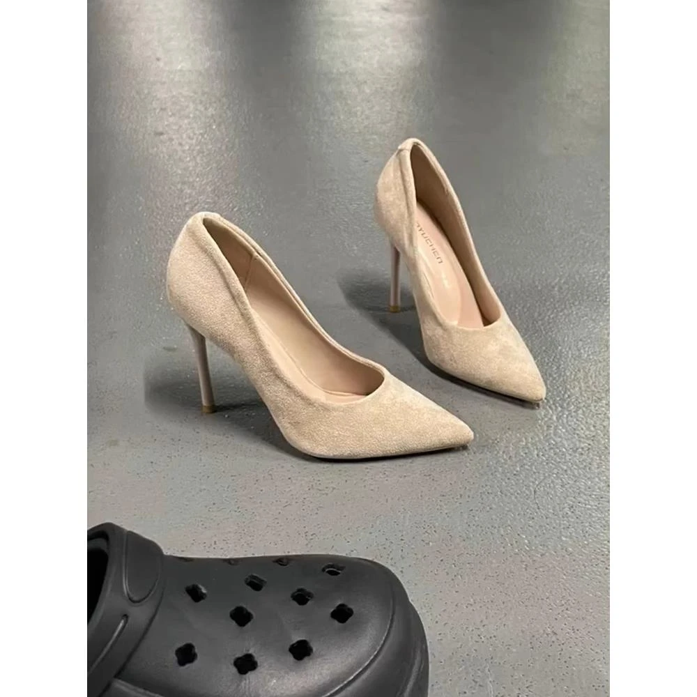 裸色专业工作鞋高跟鞋女性细高跟鞋秋冬新款尖头流行小众设计鞋