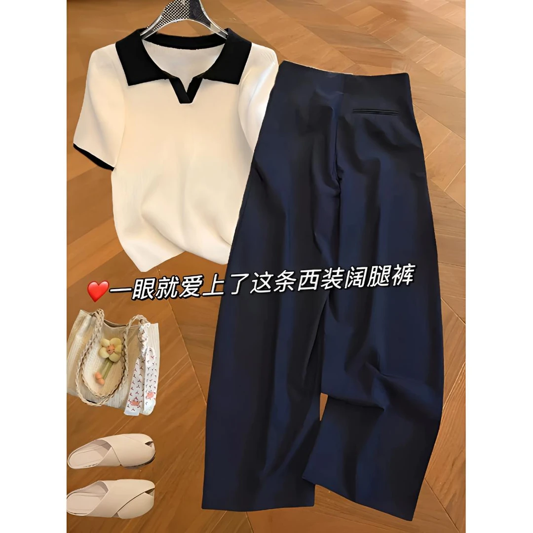 欧货2025夏季新款梨型身材穿搭松弛感白色冰丝t恤裤子两件套装女