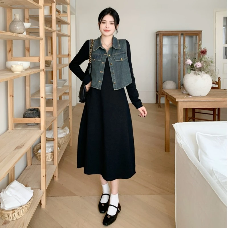 6251早秋新款大码女装百搭牛仔马甲显瘦遮肉连衣裙套装