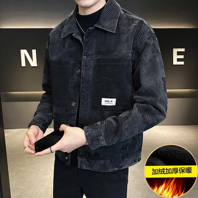 彪博外套男士冬季新款加绒加厚翻领男装衣服痞帅潮牌美式休闲夹克