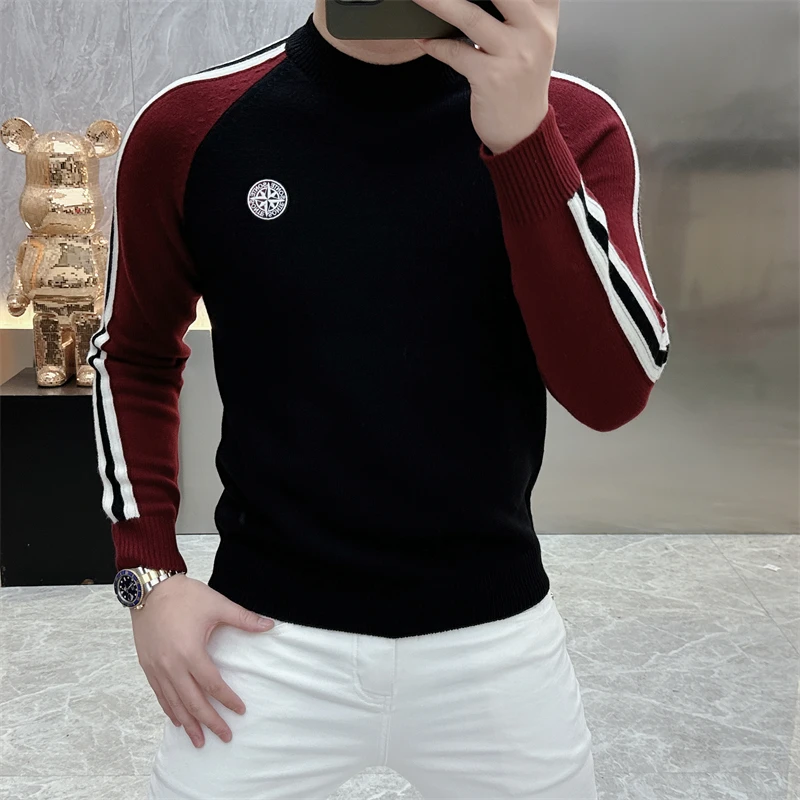 男士羊毛衫2025秋冬新款欧货时尚字母徽章修身帅气半高领针织衫潮