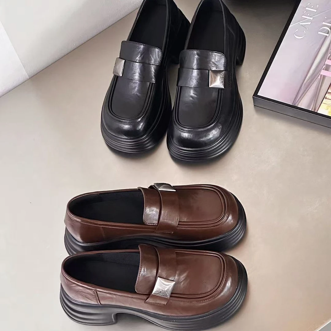 2025女鞋厚底单鞋轻便休闲圆头乐福鞋豆豆鞋英伦风秋季黑色棕色