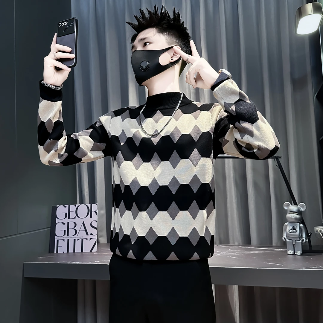 男士秋冬修身半高领毛衣加厚菱形格子打底衫修身潮流韩版针织线衣