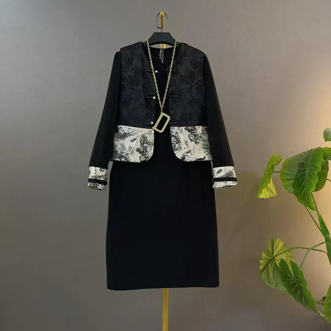 新中式国风复古水墨盘扣暗花马甲黑色连衣裙时尚洋气大码俩件套