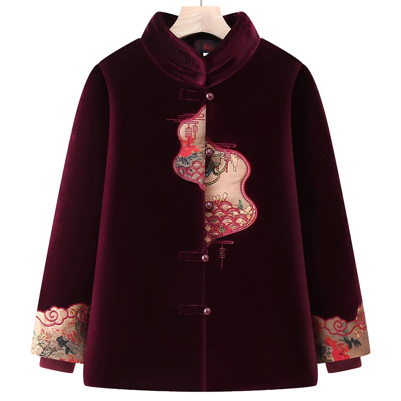 中老年人女装冬装保暖棉衣妈妈装加绒加厚绣花棉袄奶奶装唐装外套