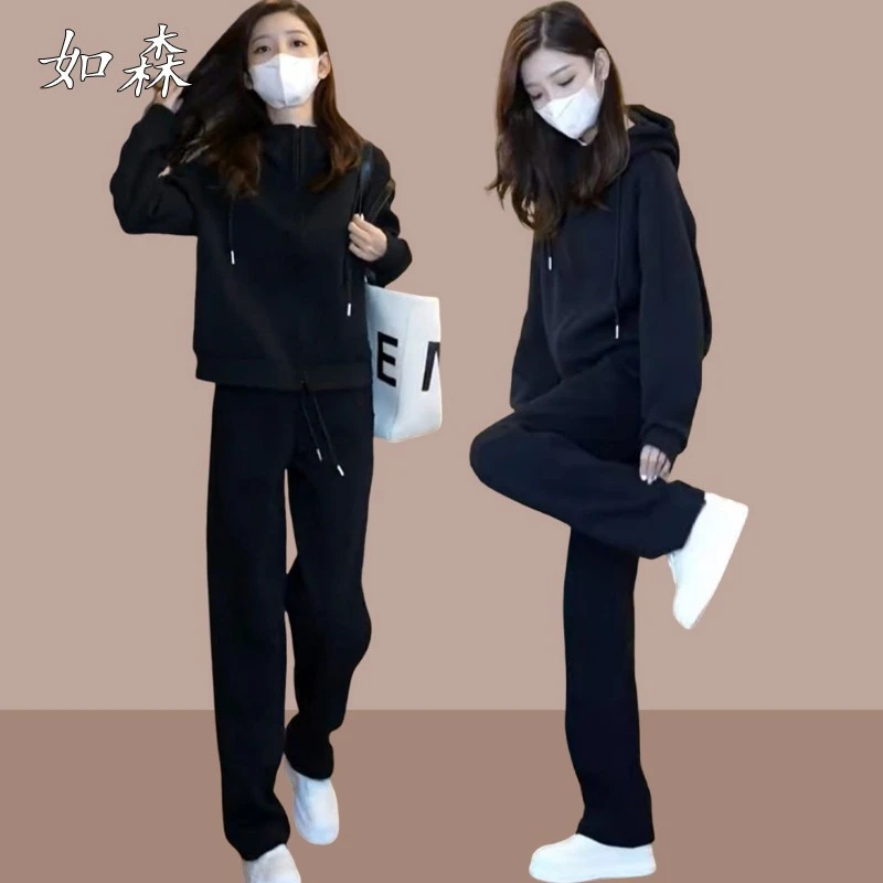 2025春秋季新款女士休闲运动跑步两件套时尚洋气连帽卫衣长裤套装