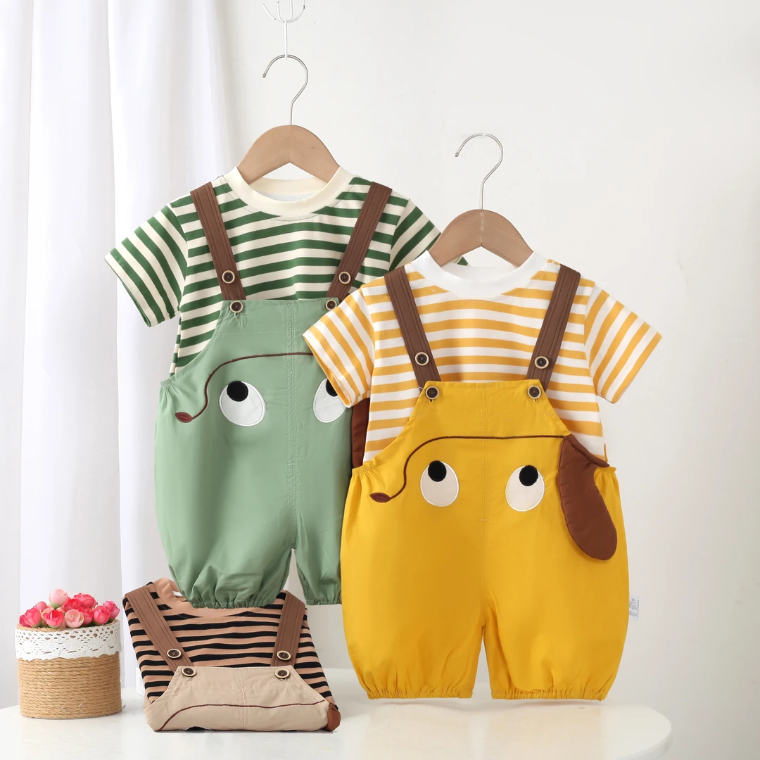 2025夏季儿童男女宝宝洋气韩版薄款婴幼儿卡通条纹背带裤短袖套装