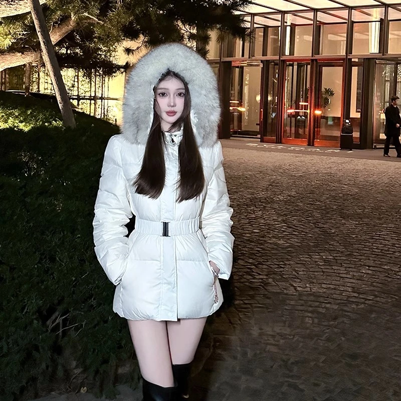 中长款连帽羽绒服女韩国ins超火加厚保暖仿狐狸毛领90白鸭绒外套