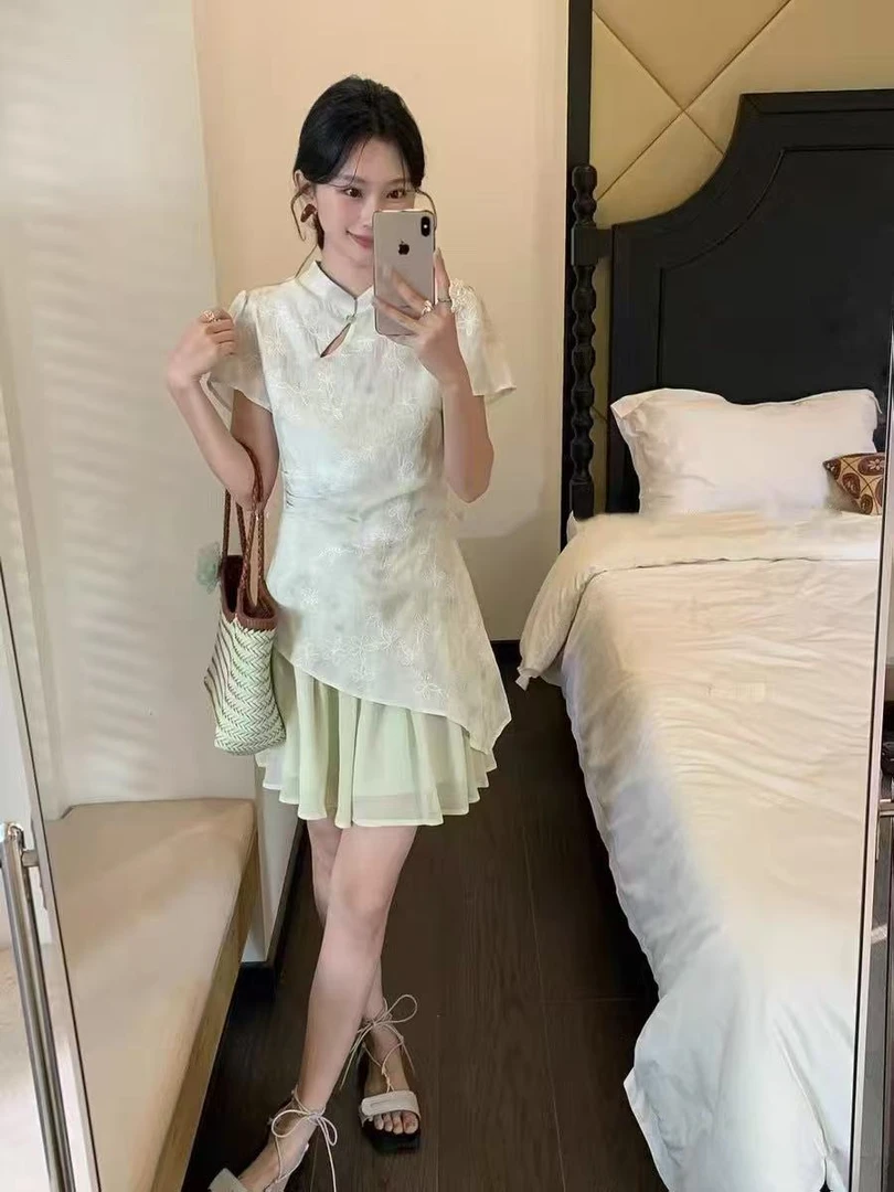 夏季新中式刺绣假两件改良旗袍立领赴约新中式女生韩系ins衣服