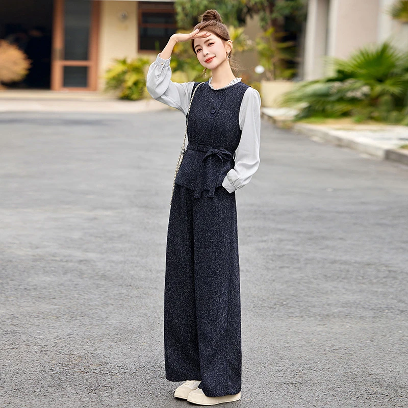 2025秋季新款高级气质时尚洋气衬衫阔腿裤马甲套装三件套 MM2563
