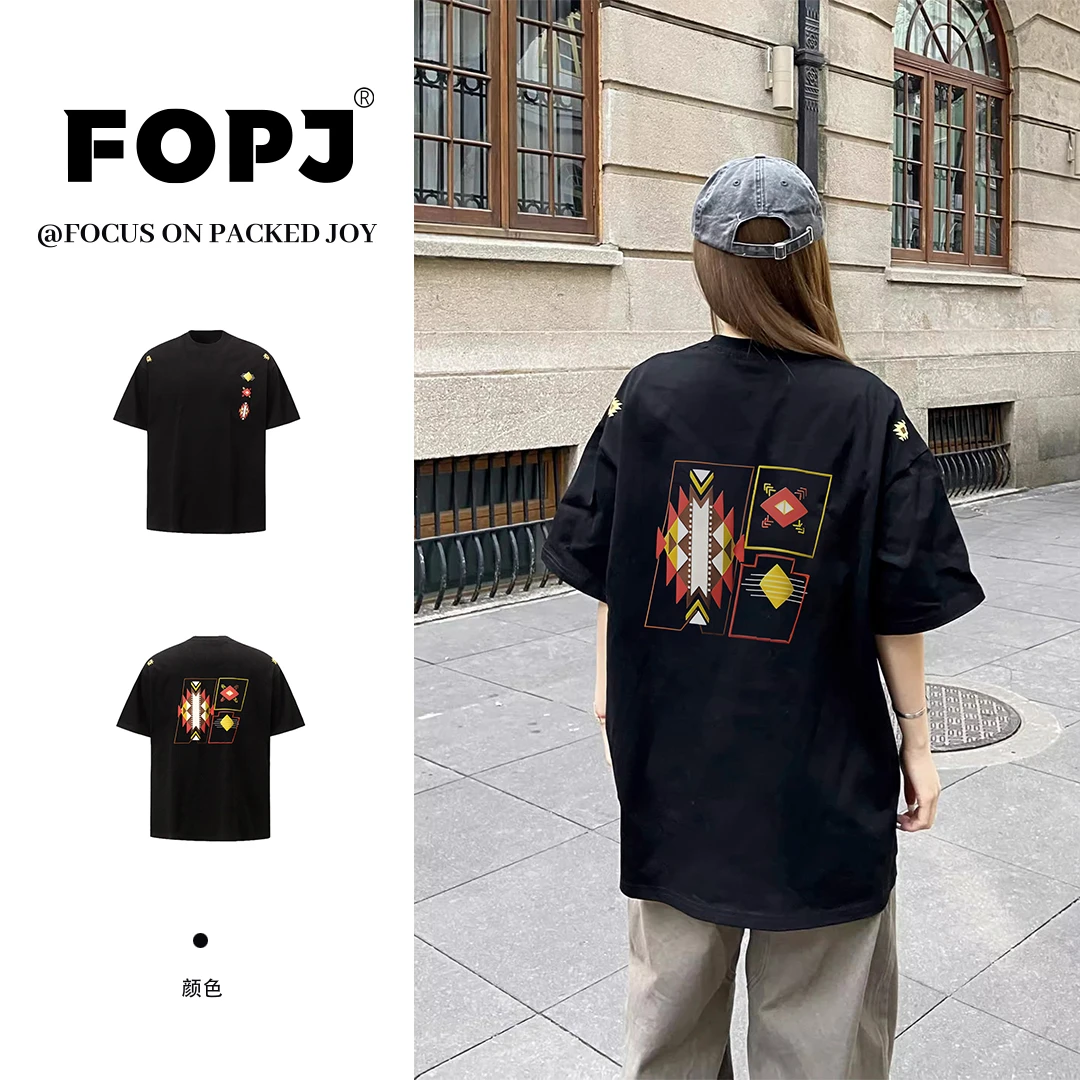 FOPJ创意街头风印花短袖T恤女夏季国潮复古纯棉宽松圆领半袖上衣