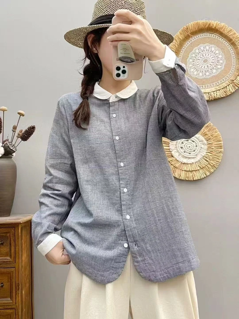 纽扣格子衬衫长袖百搭衬衣韩系学院风新中式女式早秋女款外穿
