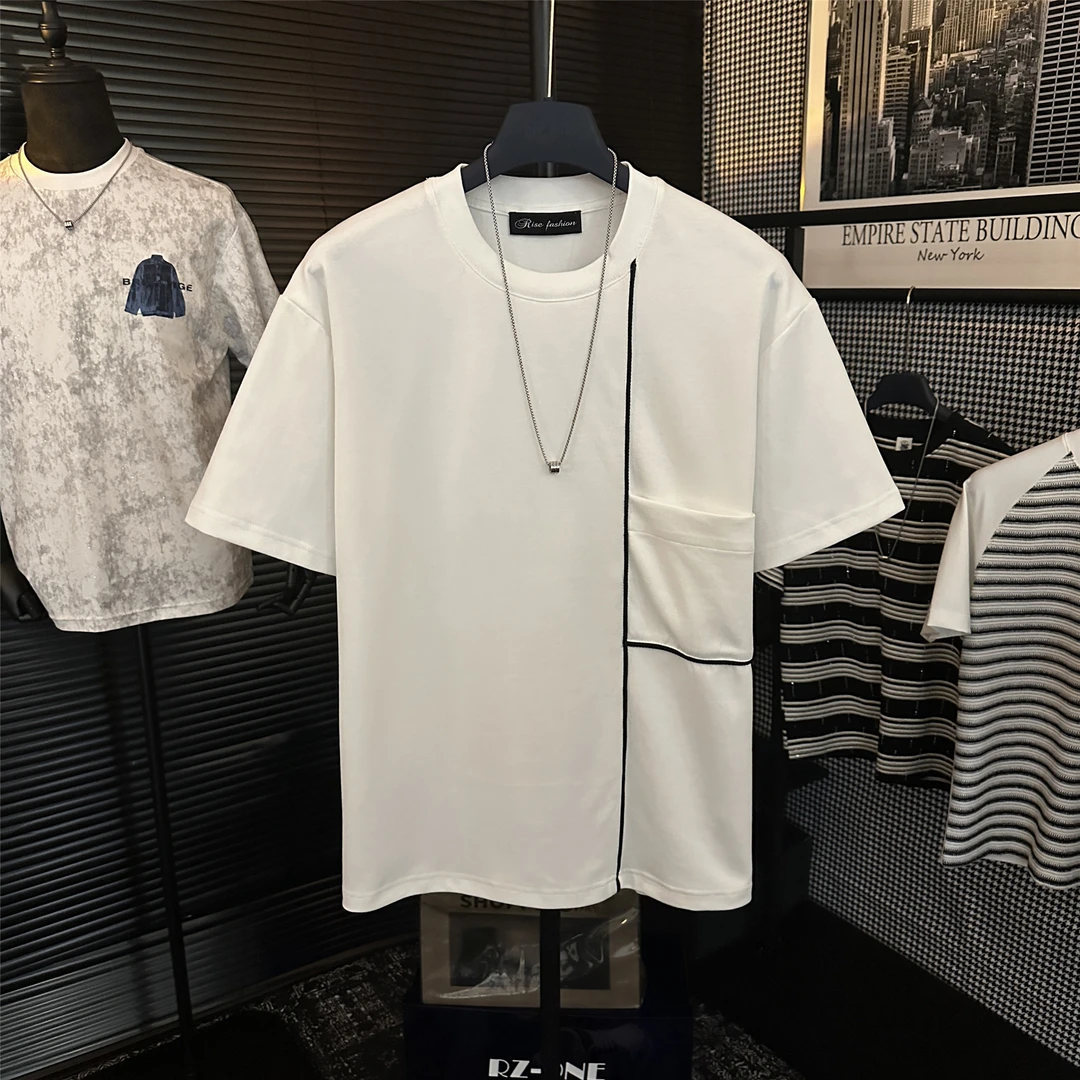 夏季男士原创个性圆领简约轻奢简约口袋设计百搭透气T恤半袖上衣