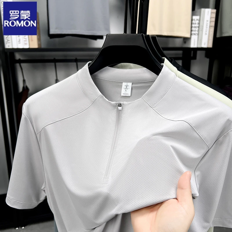 罗蒙短袖T恤男士半拉链立领速干运动夏季休闲男装凉感透气半袖衫
