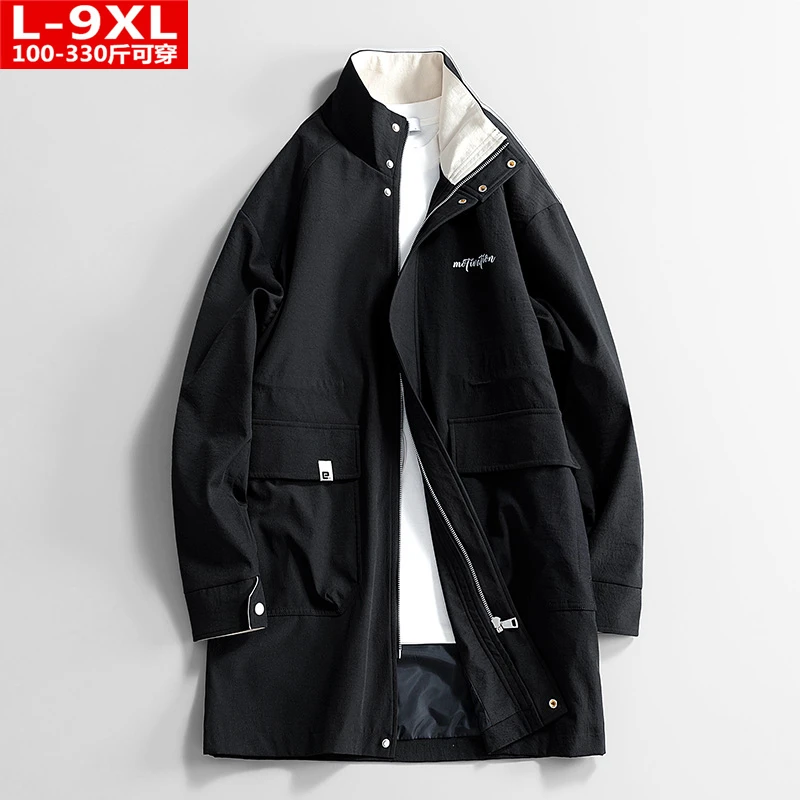 春秋潮流港风男装帅气百搭立领风衣胖男士加肥大码宽松中长款外套