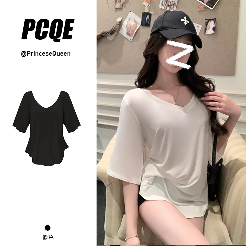夏季新款V领半袖白色宽松显瘦遮肉衣服上衣简约短袖T恤慵懒