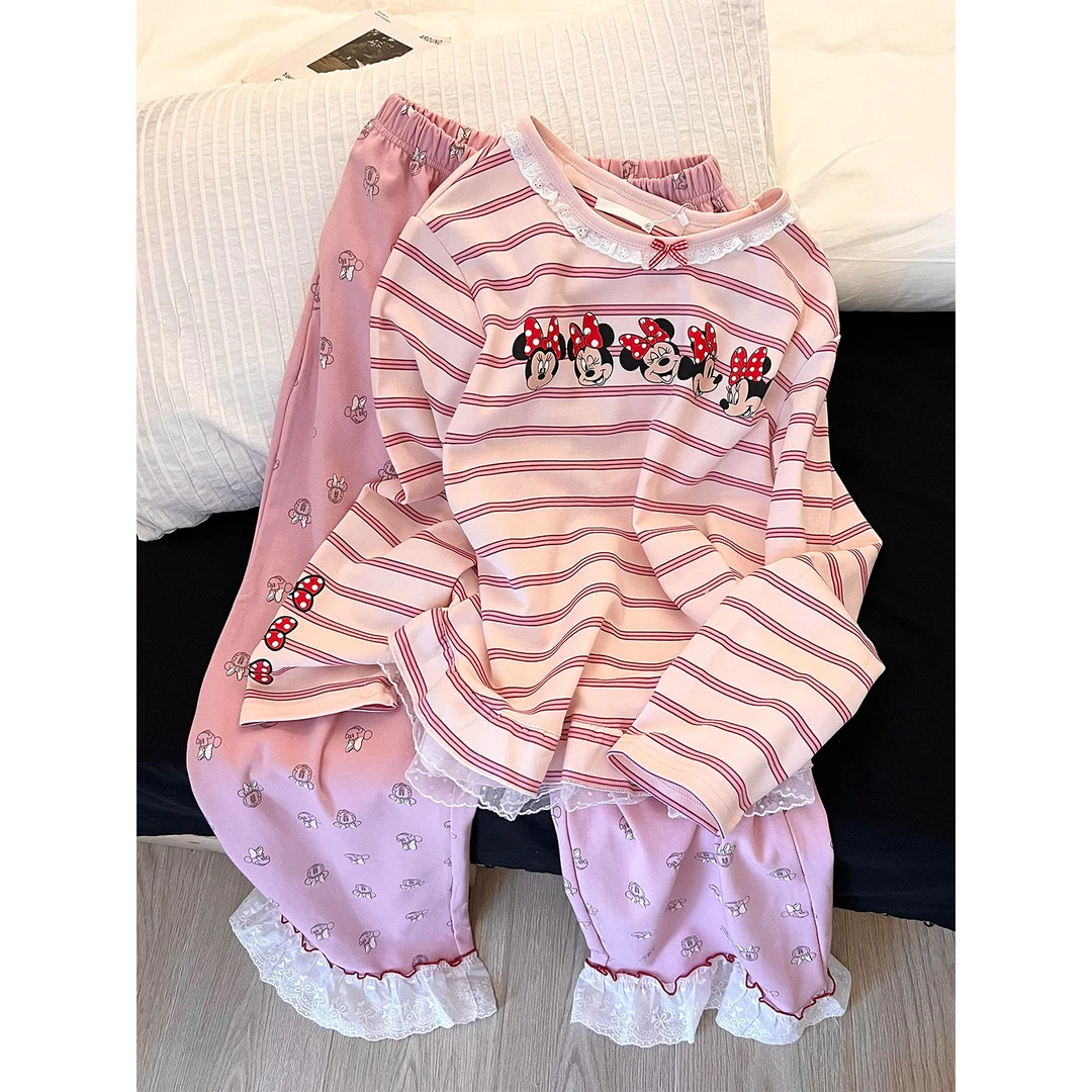 甜美粉色米奇条纹长袖睡衣女2025春秋新款蕾丝花边长裤家居服套装