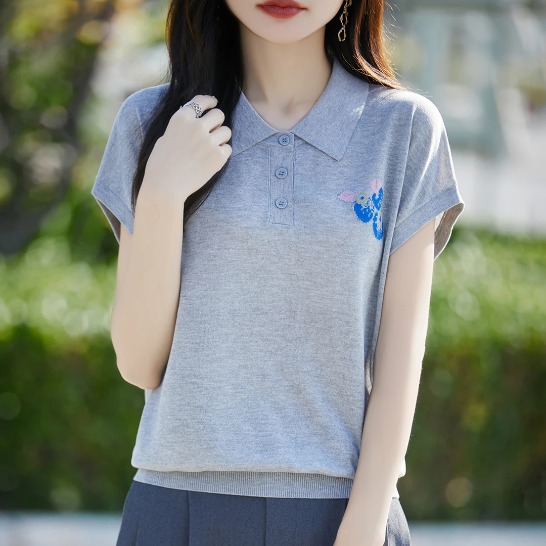 胖mm夏装大码女装冰丝针织衫女士短袖t恤遮肚子巨显瘦polo领上衣