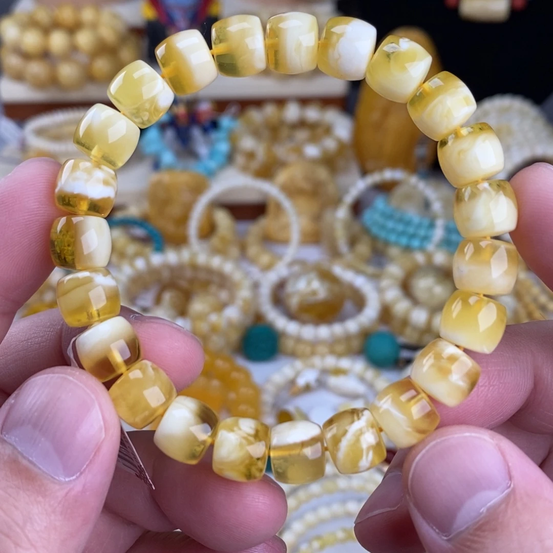 蜜蜡未镶嵌手链金瓷白聚宝盆10mm直切