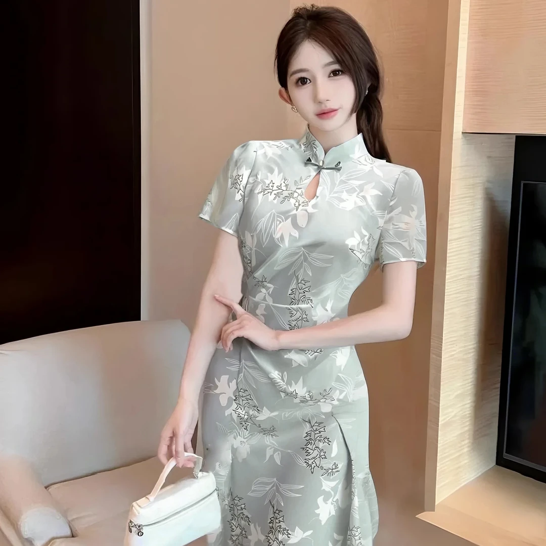 【DF奢品仓】【有里布】夏显瘦女新中式2025连衣裙收腰短袖长裙D1674