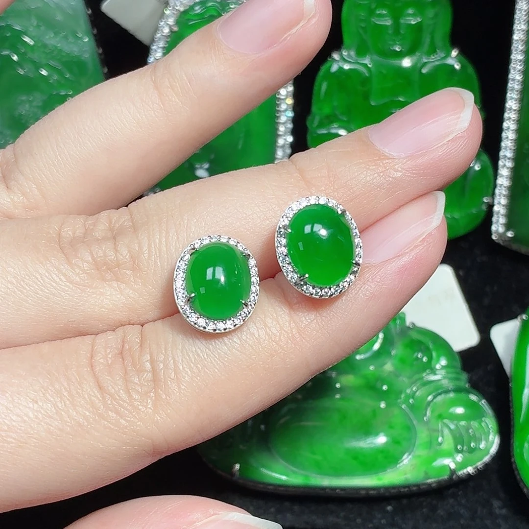 翡翠银S925镶嵌耳饰天然A货翡翠