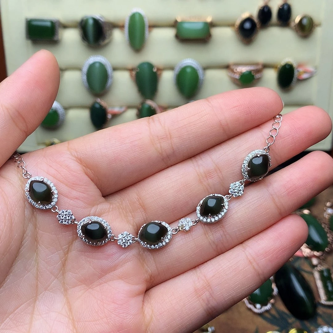 手链银S925镶嵌和田玉（碧玉）