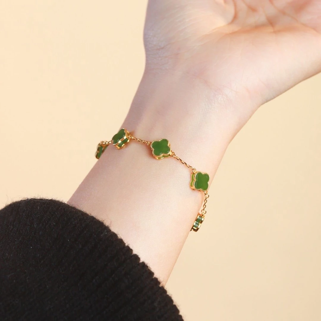 和田玉四叶草S925银镶嵌幸运四叶草手链H1002(手链颜色需备注）