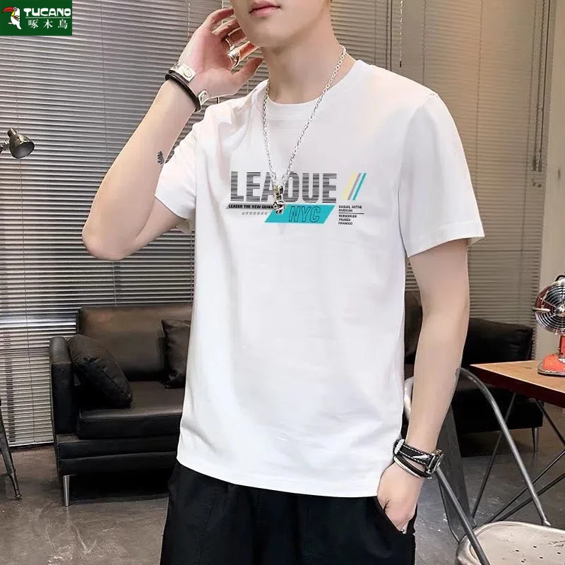 啄木鸟男夏季新款纯棉短袖T恤轻奢潮流印花百搭圆领休闲上衣ins