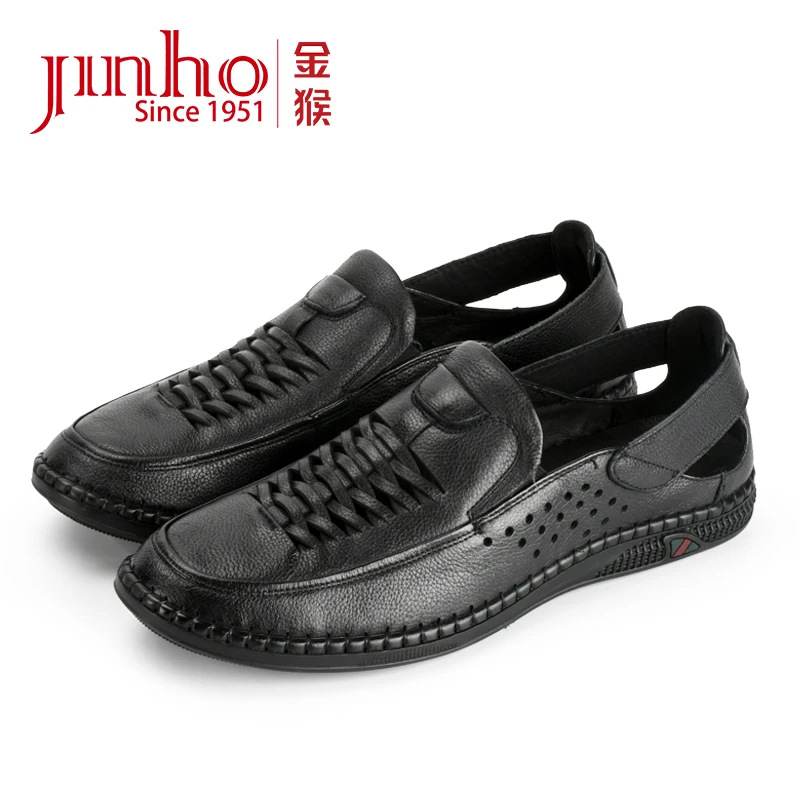 Jinho/金猴夏季镂空套脚胶粘透气休闲舒适皮鞋男士380281A