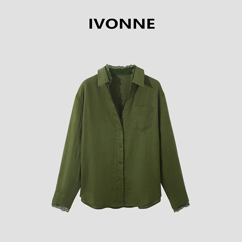 IVONNE｜2025早春 100亚麻 花边领 休闲复古宽松衬衫