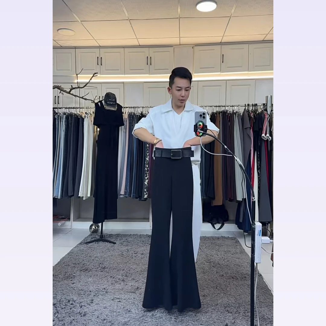 燕龙服饰16613黑色西装微喇裤女春新高腰显瘦作弊神器修身喇叭裤