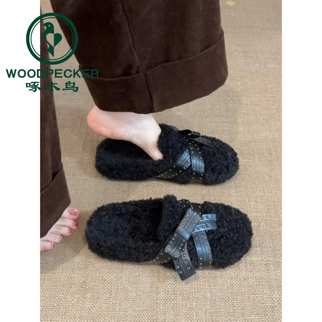 啄木鸟法式黑色厚底包头拖鞋女外穿2025冬季新款蝴蝶结加绒毛毛鞋
