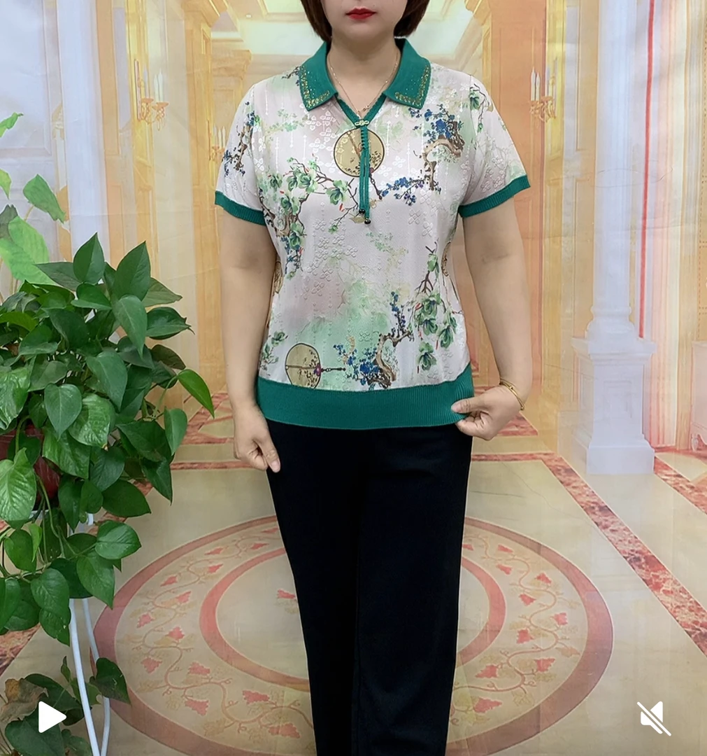 休闲时尚翻领百搭中老年女装T恤夏季小衫妈妈装洋气提花显瘦减龄