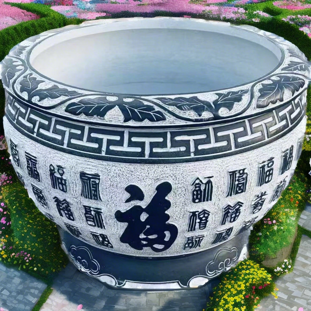 青石石雕百福鱼缸庭院装饰水缸手工雕刻养花养鱼门海摆件