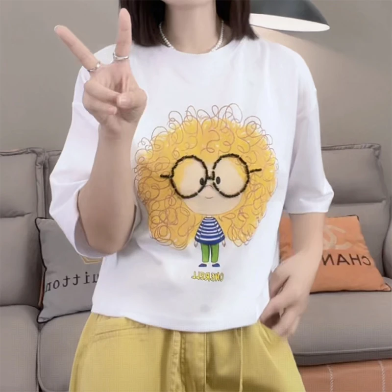 韩版圆领卡通女孩套头T恤2025夏季新款女装减龄时尚宽松百搭上衣