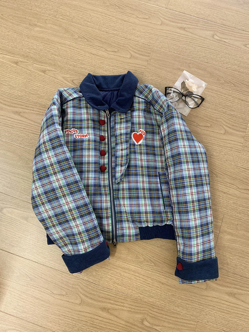 2025冬季新款美式复古学院风短款潮流格纹拼色设计宽松棉服外套女