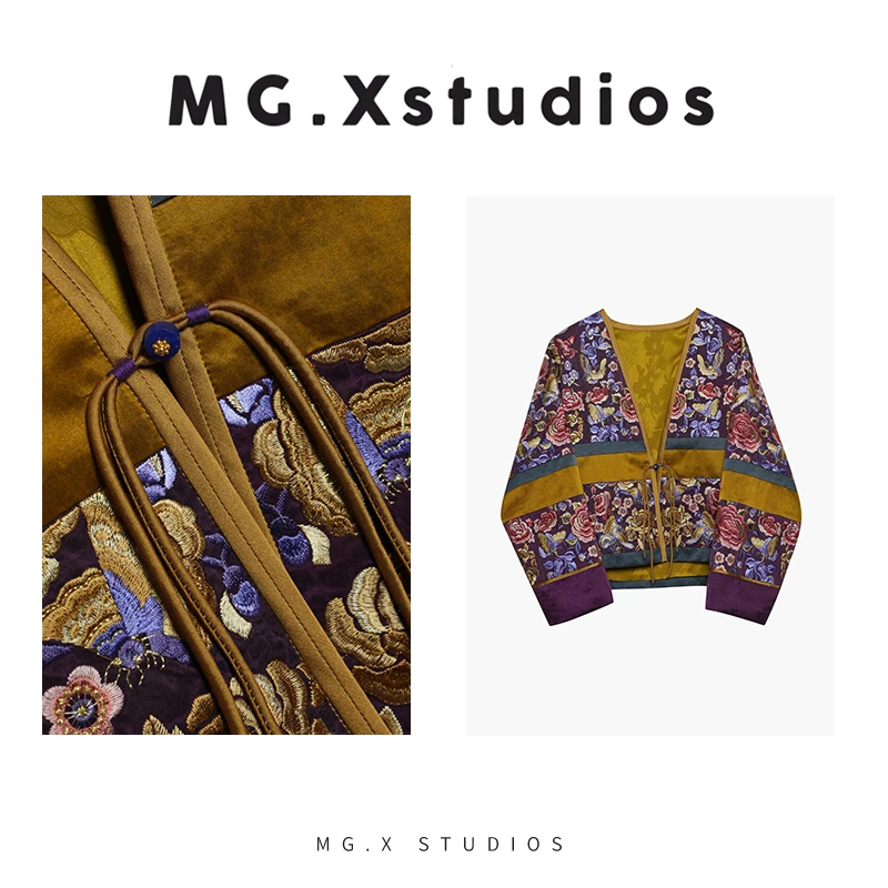 【紫棠缠锦】MGX繁花刺绣撞色开衫中式系带宽松外套M54G5923W2JS