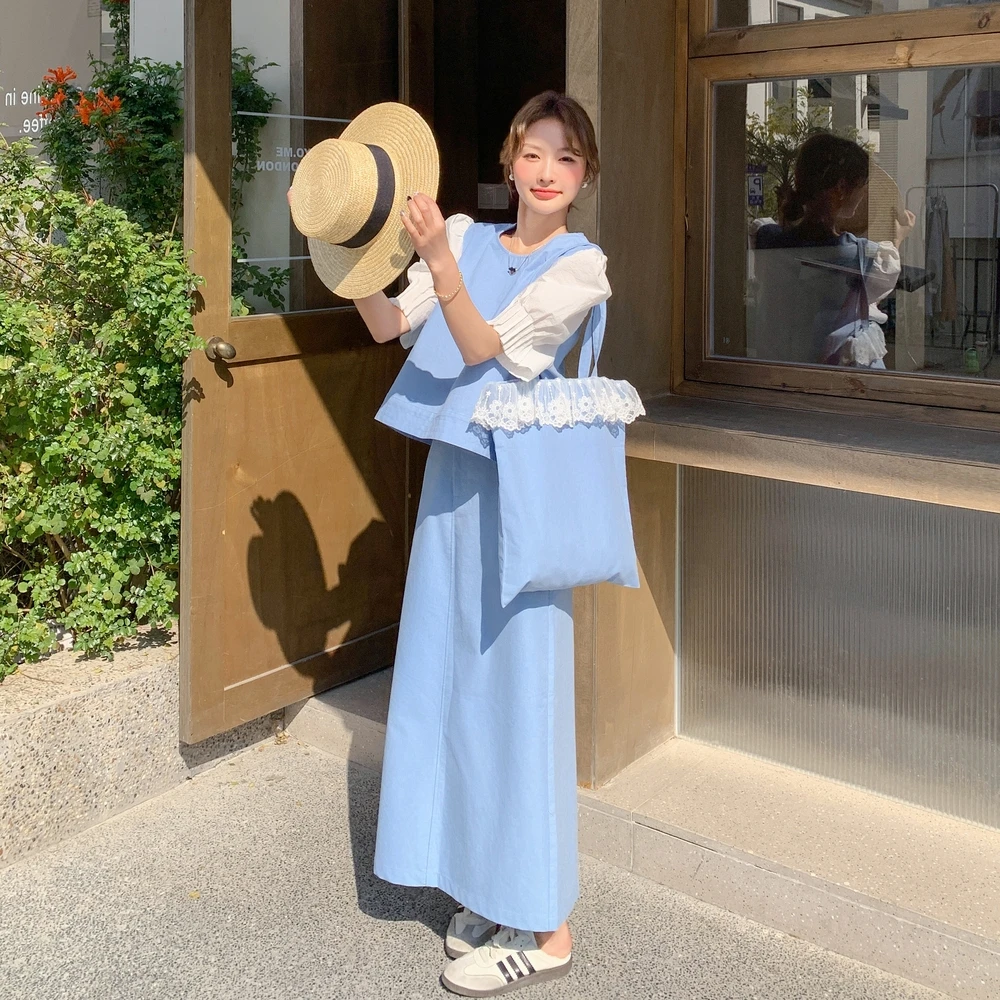 韩系甜美泡泡袖上衣半身裙两件套女2025夏季新款氛围感简约套装裙