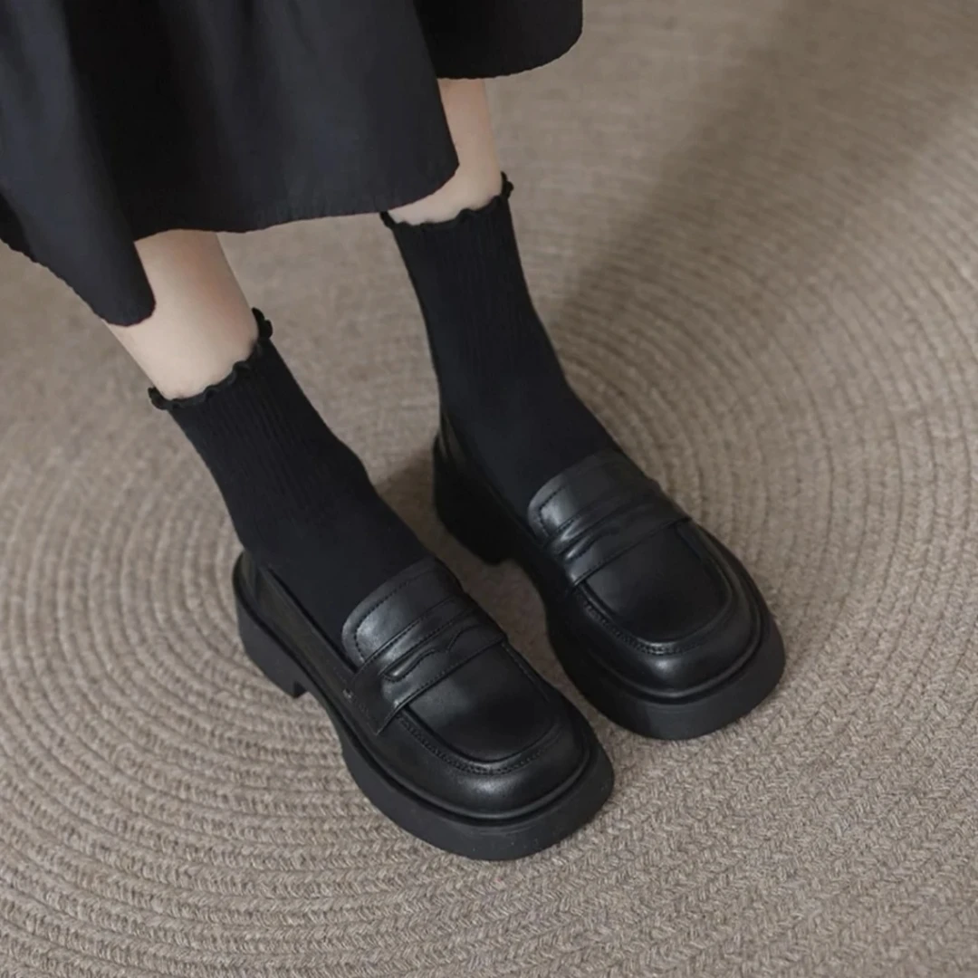 NNXX厚底小白鞋女生2025年松糕法式复古英伦风乐福鞋一脚蹬单鞋