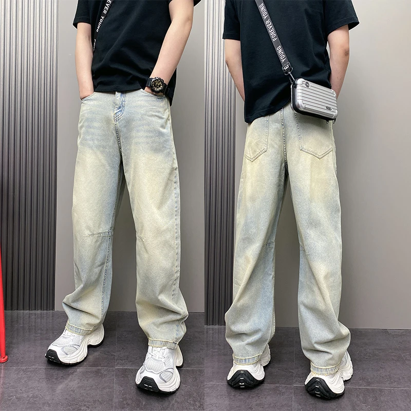 2025春秋季潮流韩版痞帅磨白做旧水洗青年男士宽松哈伦休闲牛仔裤