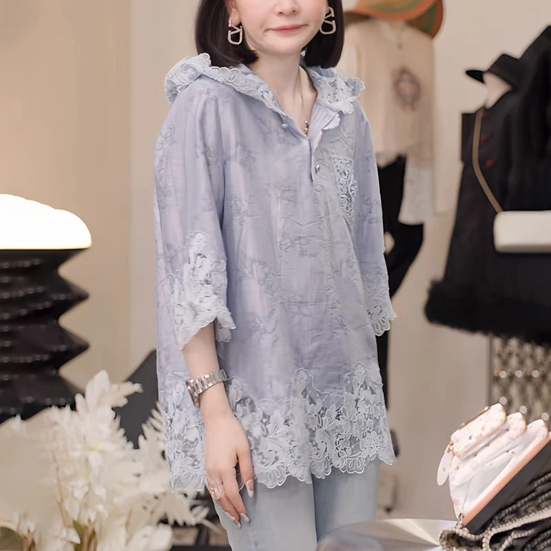 镂空提花蕾丝女士连帽衬衫2025秋夏季新款洋气减龄宽松设计感上衣