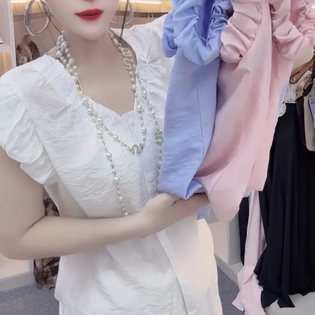 法式V领小飞袖褶皱设计感小众显瘦夏季衬衫上衣