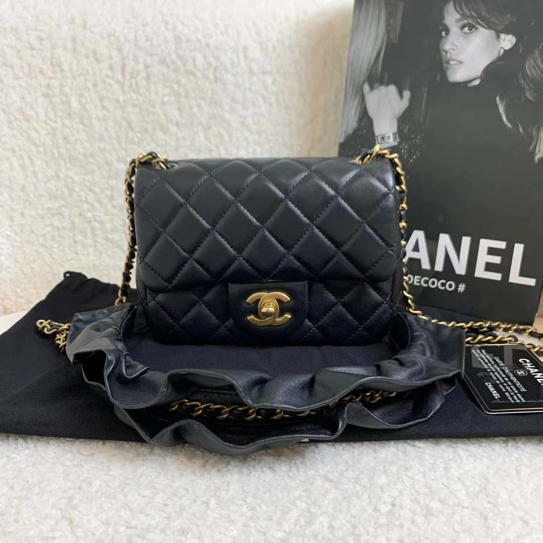 99新 Chanel/香奈儿 壹臻/黑金羊荷叶链条方胖子30开  90553525