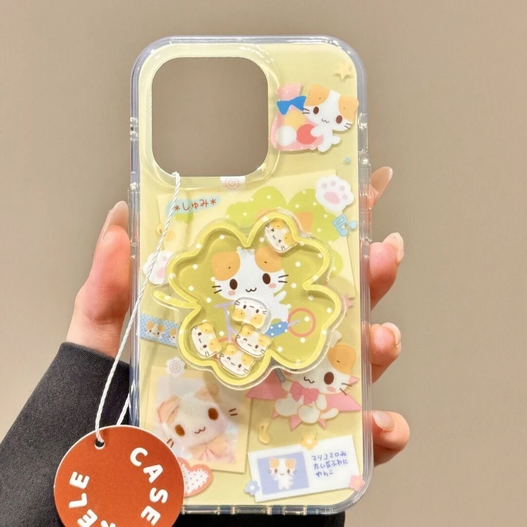 可爱黄色四叶草猫咪手机壳适用苹果华为OPPOvivo小米大孔手链gk