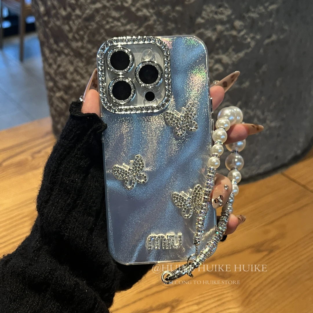 miu设计感闪钻蝴蝶适用苹果16手机壳iphone15/14/13promax手链女