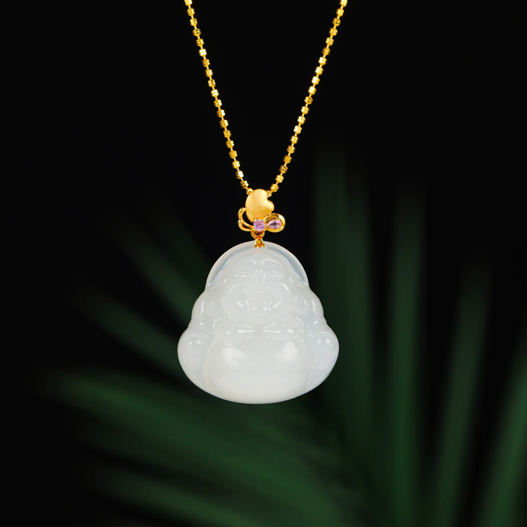 18K金蝴蝶镶嵌扣头30mm高货白玉佛HNZ11792