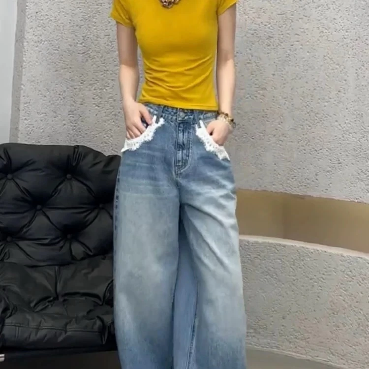 妮妮家70022复古水洗蕾丝拼接高腰显瘦9分直筒牛仔裤！