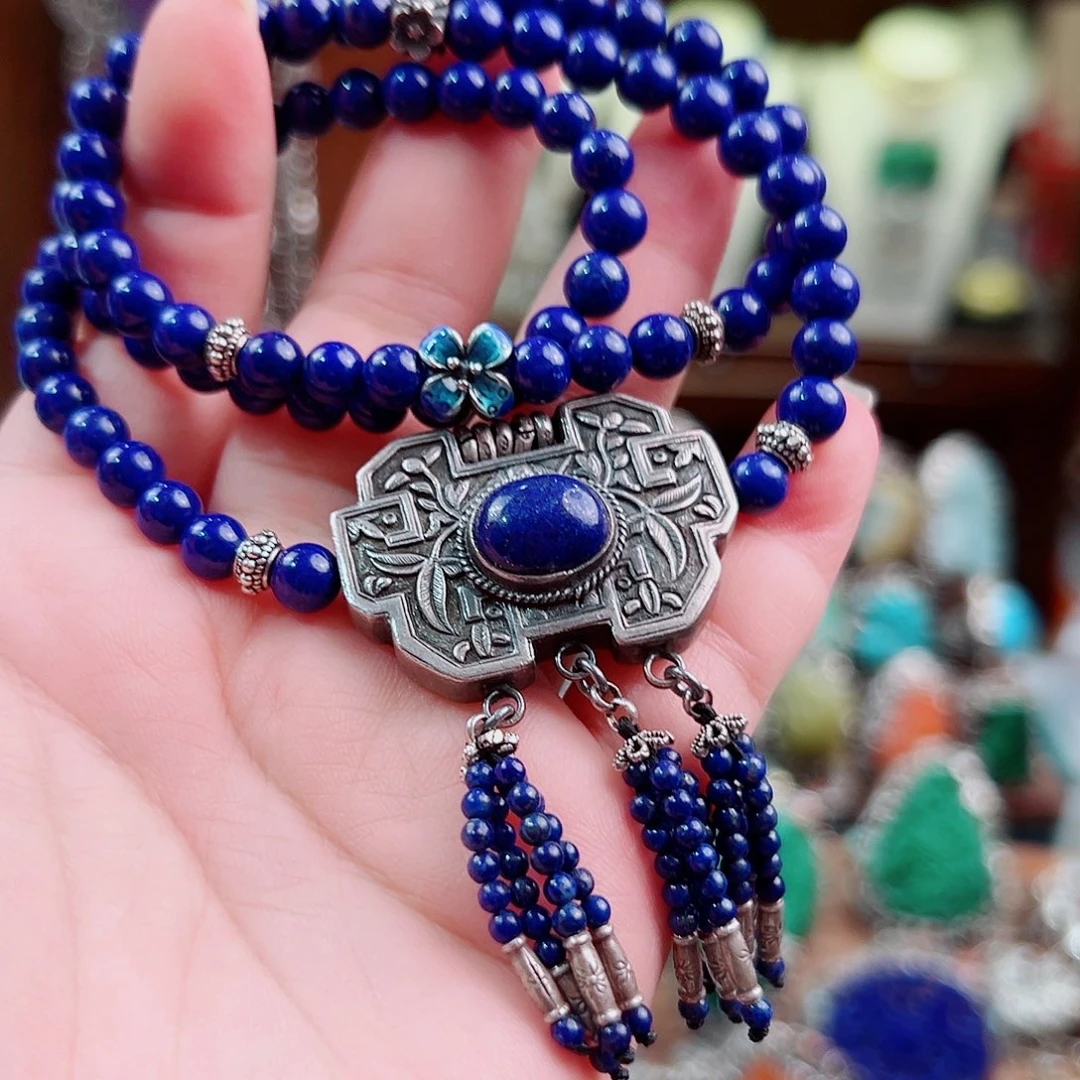 青金石银S925镶嵌手链国风