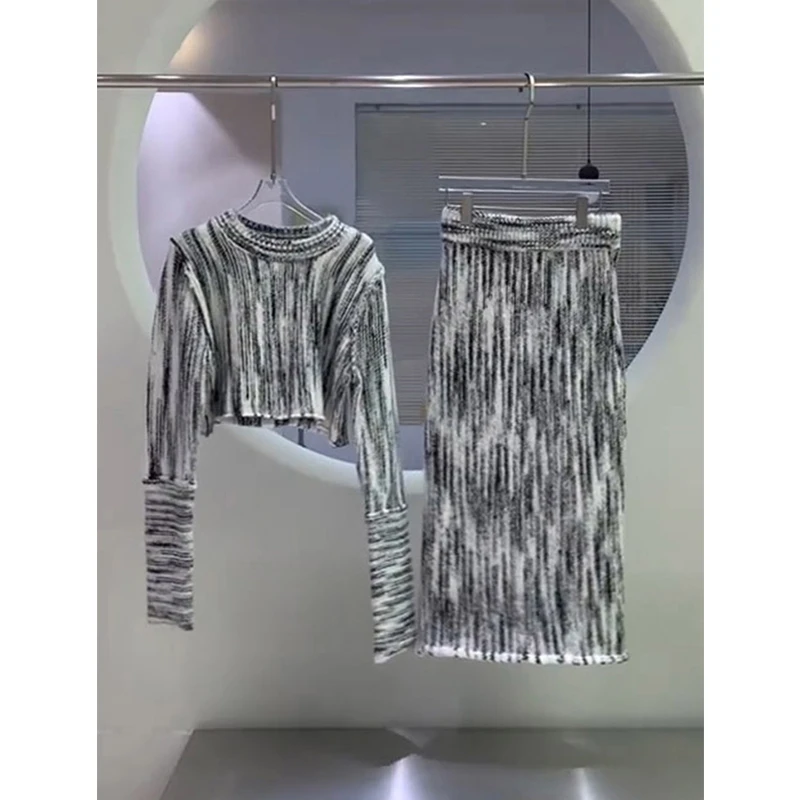 QMWL0756812富家千金小香风炸街上衣套装扎染毛衣半身裙两件套秋